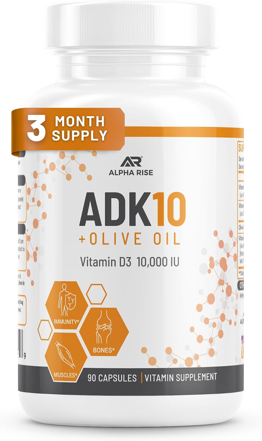 ALPHA RISE ADK 10 Vitamin Supplement + Olive Oil – Vitamins A, D3 (10,000 IU), K2 (MK7+MK4) – 90 Capsules - görsel 1