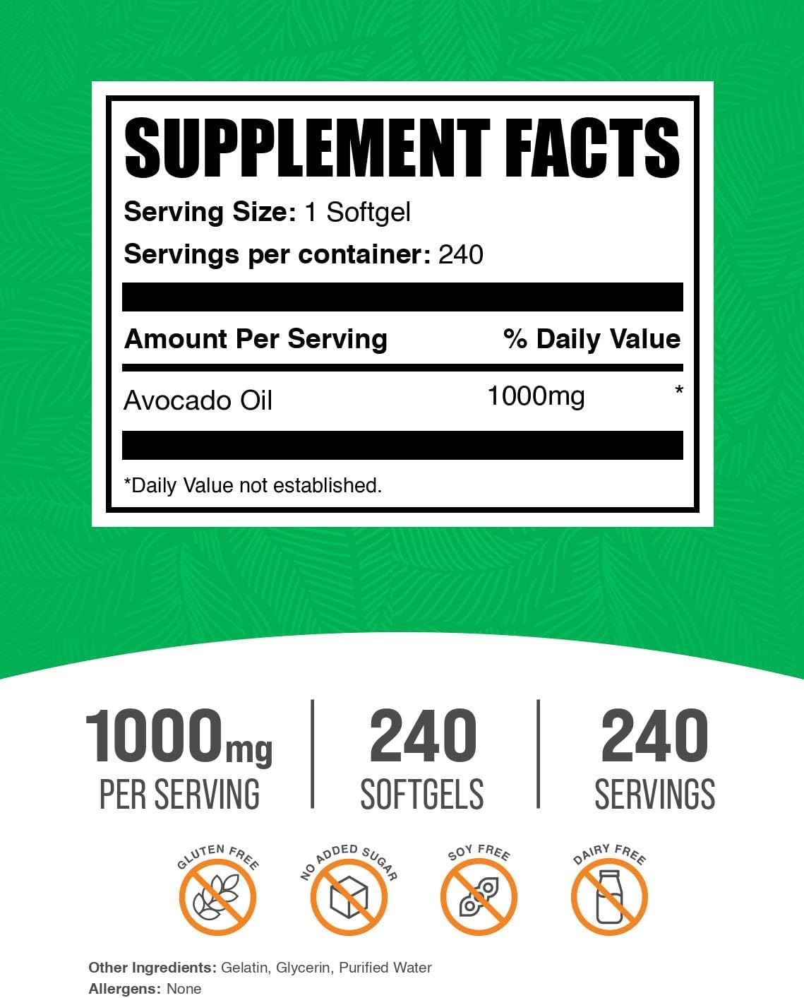 BulkSupplements.com Avocado Oil 1000mg Soft gel capsules – Gluten & Soya-free, 240 Soft gel capsules - görsel 2