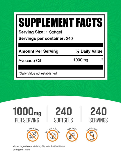 BulkSupplements.com Avocado Oil 1000mg Soft gel capsules – Gluten & Soya-free, 240 Soft gel capsules