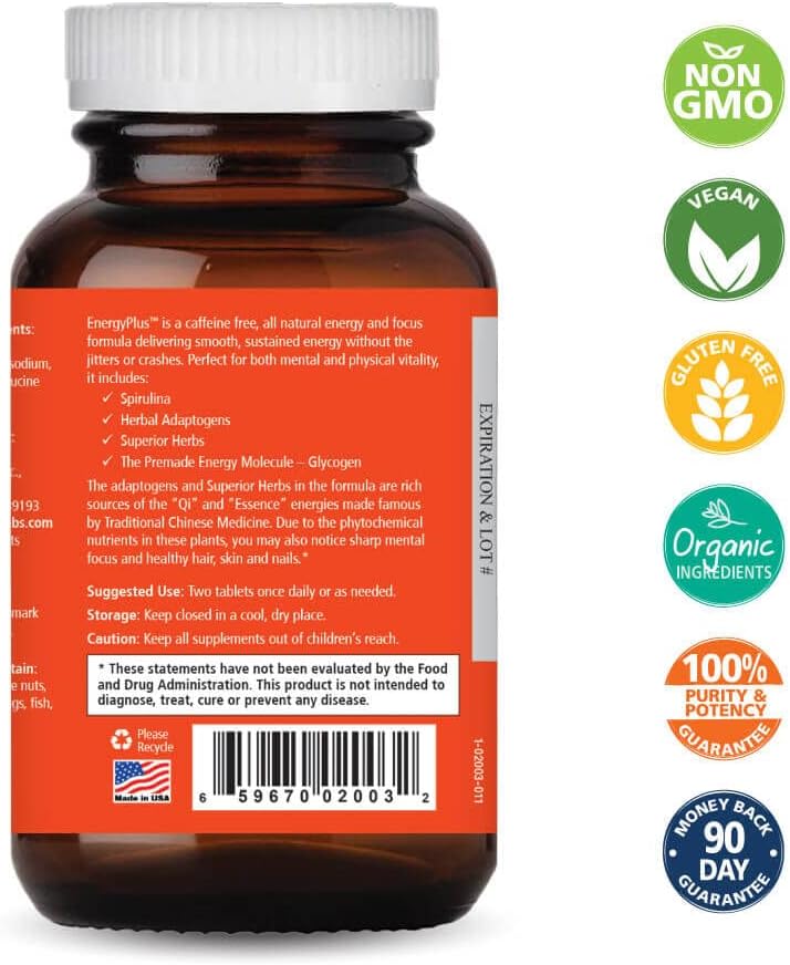 Energy Plus by Pure Essence - Caffeine Free, All Natural Herbal Energy and Focus Supplement - Smooth, No Jitters, No Energy Crash - 120 Tablets - görsel 2