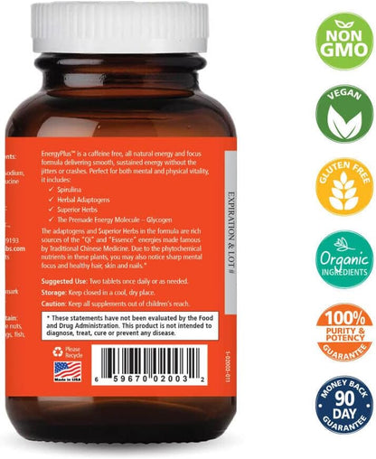 Energy Plus by Pure Essence - Caffeine Free, All Natural Herbal Energy and Focus Supplement - Smooth, No Jitters, No Energy Crash - 120 Tablets