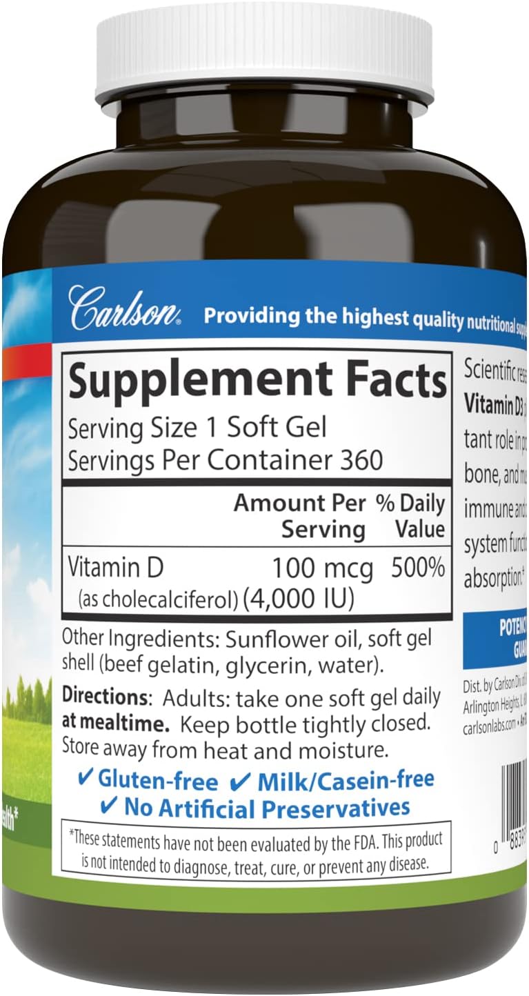Carlson Vitamin D3 4000 IU (100 mcg) – Immune Support, Bone Health, Muscle Function – 360 Softgels - görsel 2