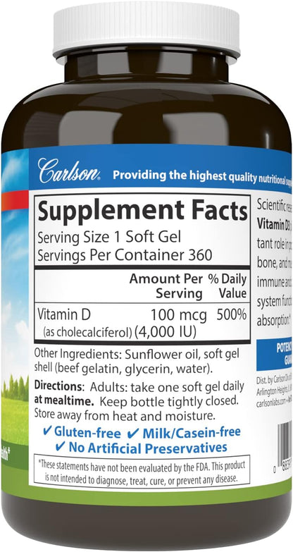 Carlson Vitamin D3 4000 IU (100 mcg) – Immune Support, Bone Health, Muscle Function – 360 Softgels