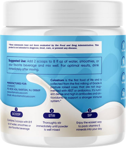 Vitamatic Bovine Colostrum Powder - 50% IgG, Unflavoured - 120g (60 Servings)
