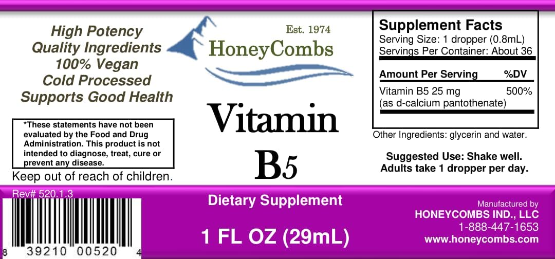 HoneyCombs Vitamin B5 Drops – Liquid Pantothenic Acid Supplement, Vegan, Fast Absorbing, 50 mg per Serving (500% NRV) - görsel 2
