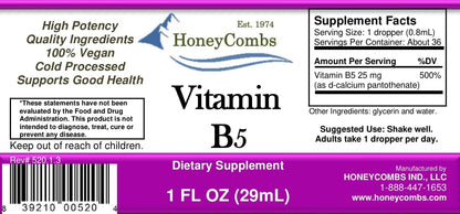 HoneyCombs Vitamin B5 Drops – Liquid Pantothenic Acid Supplement, Vegan, Fast Absorbing, 50 mg per Serving (500% NRV)
