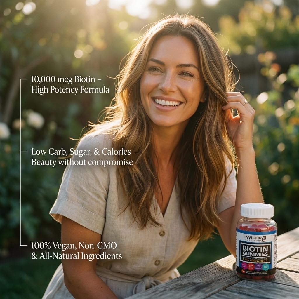 INVIGOR8 Biotin Gummies 10000mcg - Hair, Skin & Nails Support - Vegan, Kosher, Halal - Strawberry Flavour (60 Gummies) - görsel 4