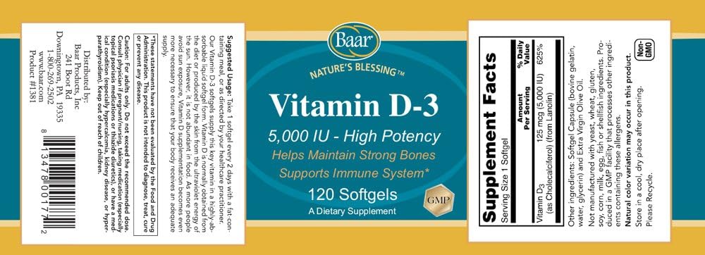 Baar Vitamin D3 Softgels, 5,000 IU, 120 Softgels - görsel 2