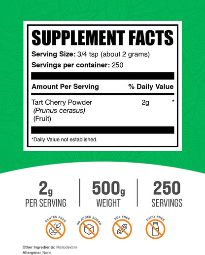 BulkSupplements.com Tart Cherry Powder - Fruit Powder, Tart Cherry Supplements - Antioxidant Rich, Gluten-free & No Added Sugar, 2g per Serving, 500g (Pack of 1)