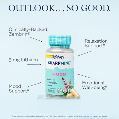SOLARAY SharpMind Mood Support Supplement - Nootropic for Relaxation and Emotional Wellbeing with Zembrin, Holy Basil, Lithium 5mg, Organic Reishi Mushroom - 30 VegCaps