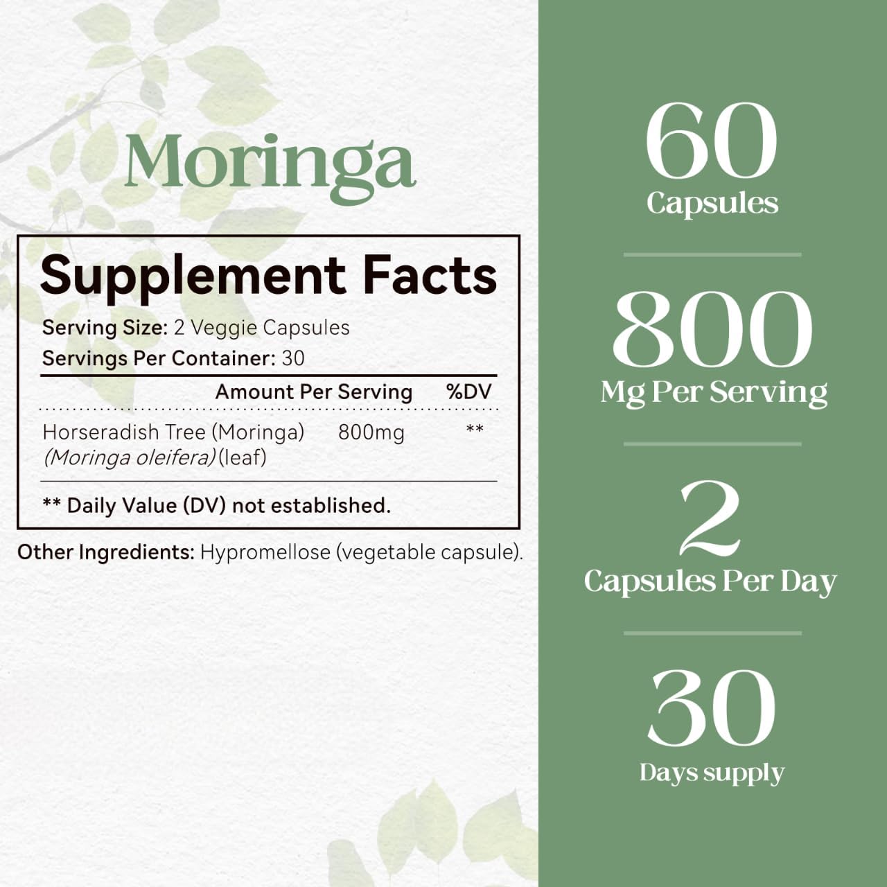 HyberVive Moringa Pure Capsules 800mg – Vegan, Non-GMO, Gluten-free – 60 Capsules - görsel 3