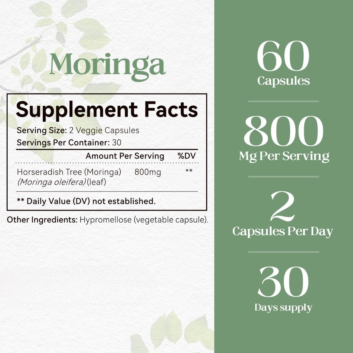 HyberVive Moringa Pure Capsules 800mg – Vegan, Non-GMO, Gluten-free – 60 Capsules - görsel 3