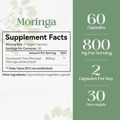 HyberVive Moringa Pure Capsules 800mg – Vegan, Non-GMO, Gluten-free – 60 Capsules