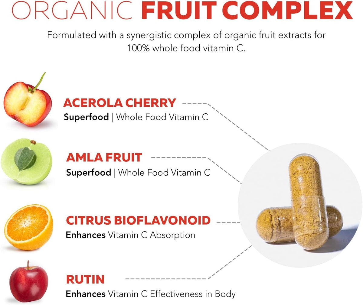 Organic Vitamin C - Whole Food from Fruit with Absorption Cofactors, 250 mg, 90 Capsules - görsel 5