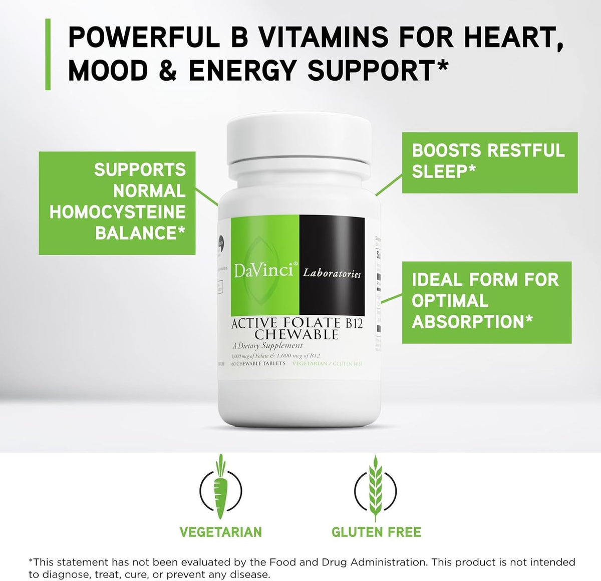DAVINCI Labs Active Folate B12 Chewable - Food Supplement to Support Heart Health, Healthy Nerves, Immune Function and Energy Production - with Folate and Vitamin B12 - 60 Chewable Tablets - görsel 3