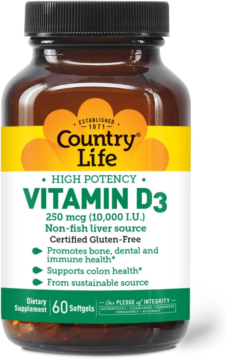 Country Life Vitamin D3 10,000 IU – High Potency, Non-Fish Source | Supports Bone, Immune & Cell Division Health | 60 Softgels | Certified Gluten-Free, Clean Formula with MCT Oil for Better Absorption - görsel 1