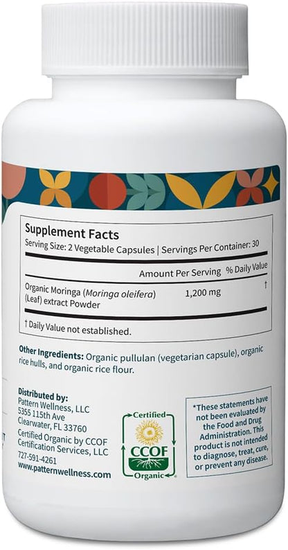 Pattern Wellness Organic Moringa Oleifera Supplement – Antioxidant Support & Cell Function – Whole Leaf Complete Formula – Vegan, Non-GMO – 60 Capsules
