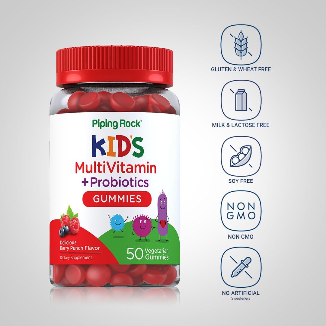 Piping Rock Children's Multivitamin Gummies with Probiotics - 50 Berry Punch Chewables - görsel 3