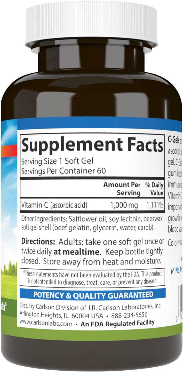Carlson C-Gel, 1000 mg Vitamin C, Immune Support & Tissue Health, Antioxidant, 60 Soft Gels - görsel 2