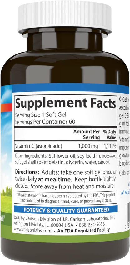 Carlson C-Gel, 1000 mg Vitamin C, Immune Support & Tissue Health, Antioxidant, 60 Soft Gels