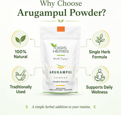 YOGIS HERBS Arugampul Powder – Traditional Tamil Herbal Supplement – Hand-Cleaned, Stone-Ground, Single-Ingredient