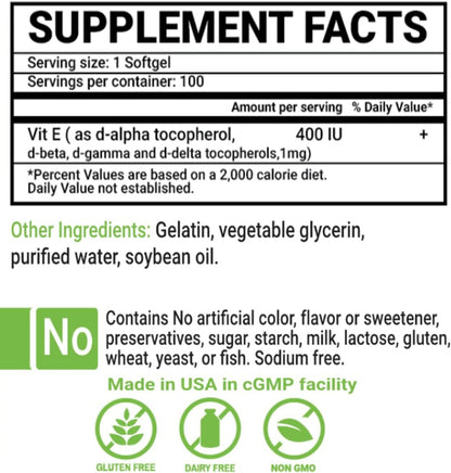 Peter's Choice, Natural Vitamin E 400IU, 100 Soft gel capsule Capsules, Antioxidant and Skin Support, Gluten-free, Made in USA
