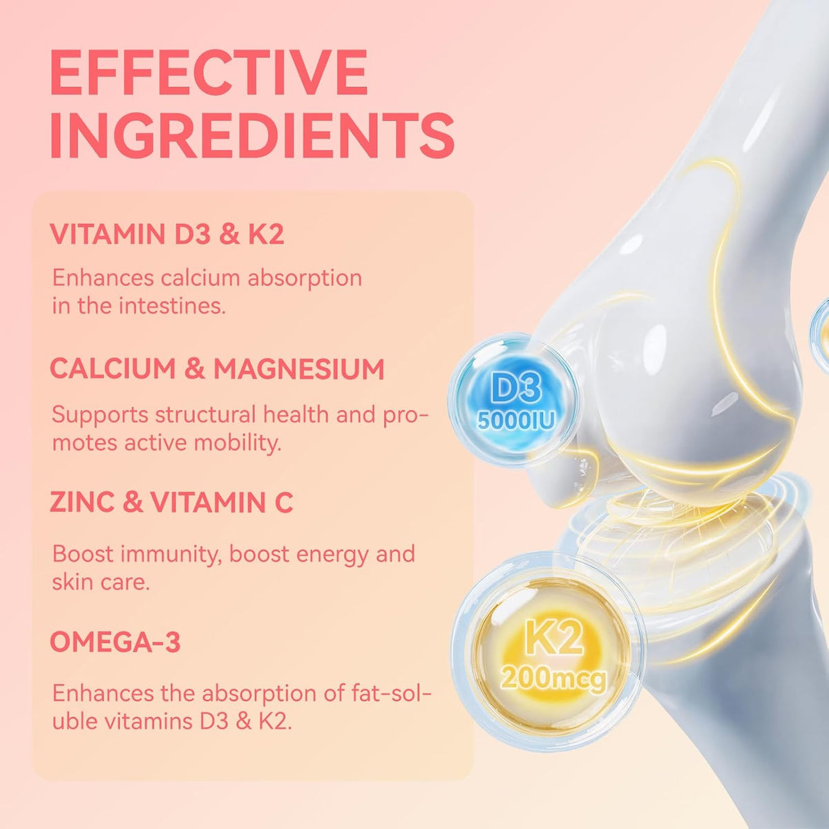 Vitamin D3 K2 Gummies for Adults – 5000 IU D3 + 200 mcg K2 (MK-7) with Omega-3, Calcium, Magnesium – 120 Gummies - görsel 4