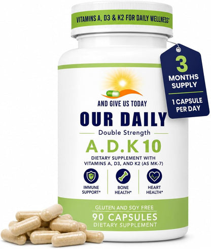 Daily Vites ADK 10 - High Potency Vitamin A, D3 10,000 IU & K2 (MK-7) - Doctor Formulated - Non-GMO, Gluten-Free - 90 Capsules
