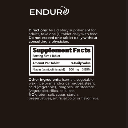 ENDUR Niacin IR 500 mg – Immediate Release Niacin (Vitamin B3) Supplement – 100 Tablets