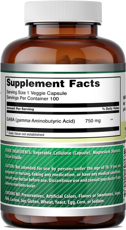 Amazing Formulae GABA Supplement | 750 mg per Serving | 100 Veggie Capsules | Non-GMO | Gluten-free | Made in USA