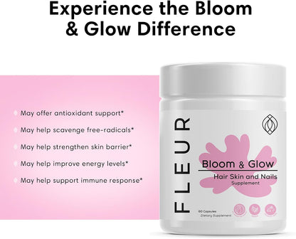 FLEUR Bloom & Glow Hair, Skin and Nails Gummies, Hair Growth Supplement with Biotin & Inositol, Antioxidant-Rich Vitamins A, C & E for Skin and Nail Repair, Sugar-Free, 60 Vegan Gummies