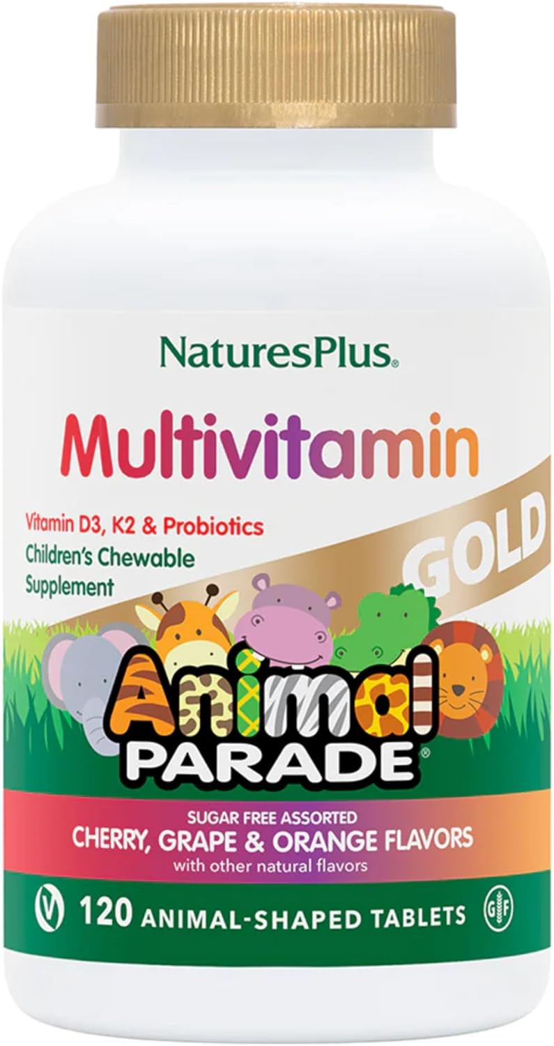 NaturesPlus Animal Parade Gold Children's Multivitamin - 120 Animal-Shaped Chewable Tablets - Assorted Cherry, Orange & Grape Flavours - Vegan, Gluten-free - görsel 1