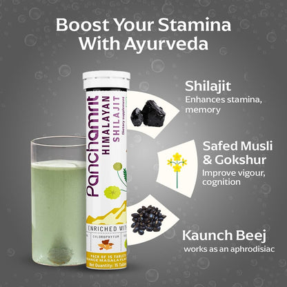 Panchamrit Himalayan Shilajit Effervescent – Traditionally Used to Support Stamina & Performance and Muscle Recovery – Enriched with Ashwagandha, Kaunch Beej, Safed Musli – 15 Tablets (Pack of 2)