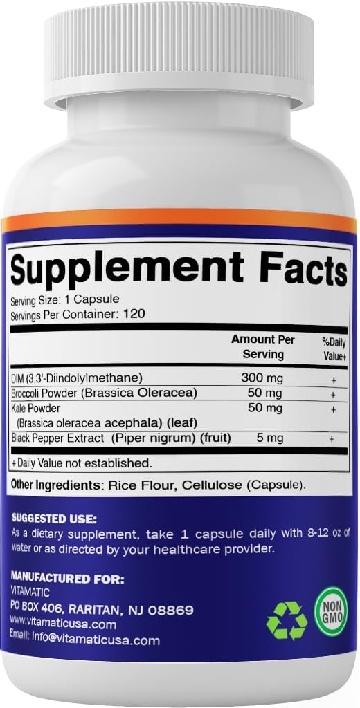 Vitamatic DIM Supplement Complex for Women and Men - 300 mg - 120 Veg Capsules - Made with Black Pepper, Broccoli Powder and Kale Powder - Non-GMO and Gluten-free - görsel 8
