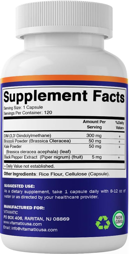 Vitamatic DIM Supplement Complex for Women and Men - 300 mg - 120 Veg Capsules - Made with Black Pepper, Broccoli Powder and Kale Powder - Non-GMO and Gluten-free