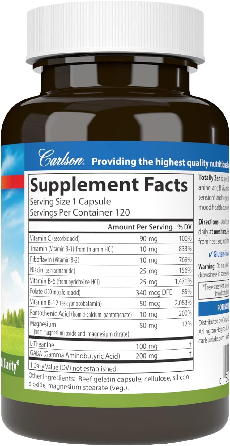 Carlson Totally Zen, GABA, L-Theanine & B Vitamins, 120 Capsules - görsel 2