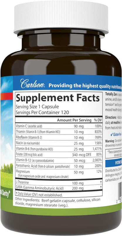 Carlson Totally Zen, GABA, L-Theanine & B Vitamins, 120 Capsules
