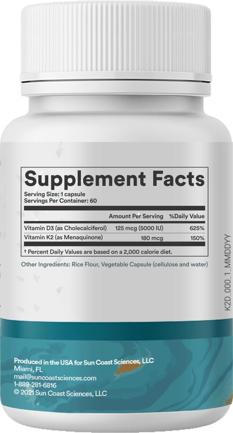 Sun Coast Sciences D3 Shield - Vitamin D3 5000 IU with K2 MK-7, Calcium and BioPerine | 60 Vegetarian Capsules - görsel 2