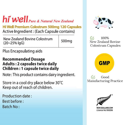 Hi Well Premium 100% Pure New Zealand Bovine Grass-Fed Colostrum 500 mg, 240 Capsules (Pack of 2)