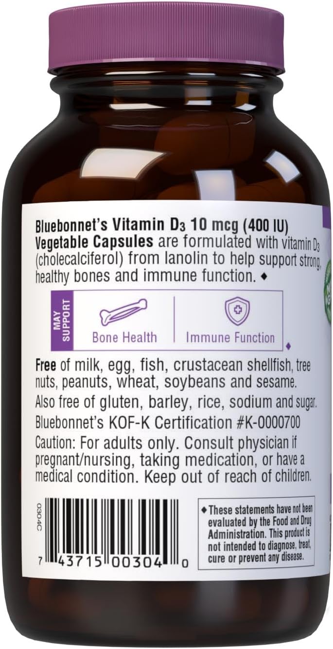 BlueBonnet Vitamin D3 400 IU – 90 Vegetable Capsules (Non-GMO, Gluten-Free) - görsel 3