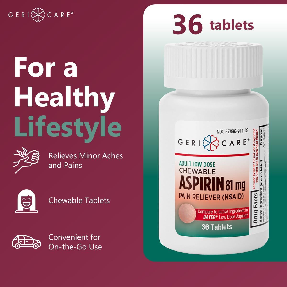 GeriCare Low Dose Adult Chewable Aspirin 81mg, Pain Reliever, Fever Reducer, 36 Tablets - görsel 2