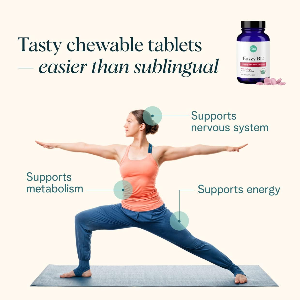 Ora Organic Vitamin B12 1500mcg - Plant-Based Methylcobalamin for Adults - Natural Stimulant-Free Energy, Raspberry Flavour Chewable Tablets, No Added Sugar - 30 Tablets - görsel 4