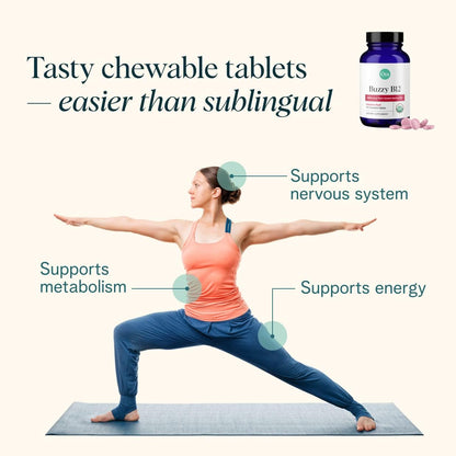 Ora Organic Vitamin B12 1500mcg - Plant-Based Methylcobalamin for Adults - Natural Stimulant-Free Energy, Raspberry Flavour Chewable Tablets, No Added Sugar - 30 Tablets