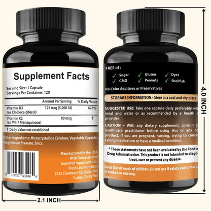 VITBOOST Vitamin D3 K2 Complex - 5000 IU D3 & 90 mcg K2 MK-7 - 120 Capsules