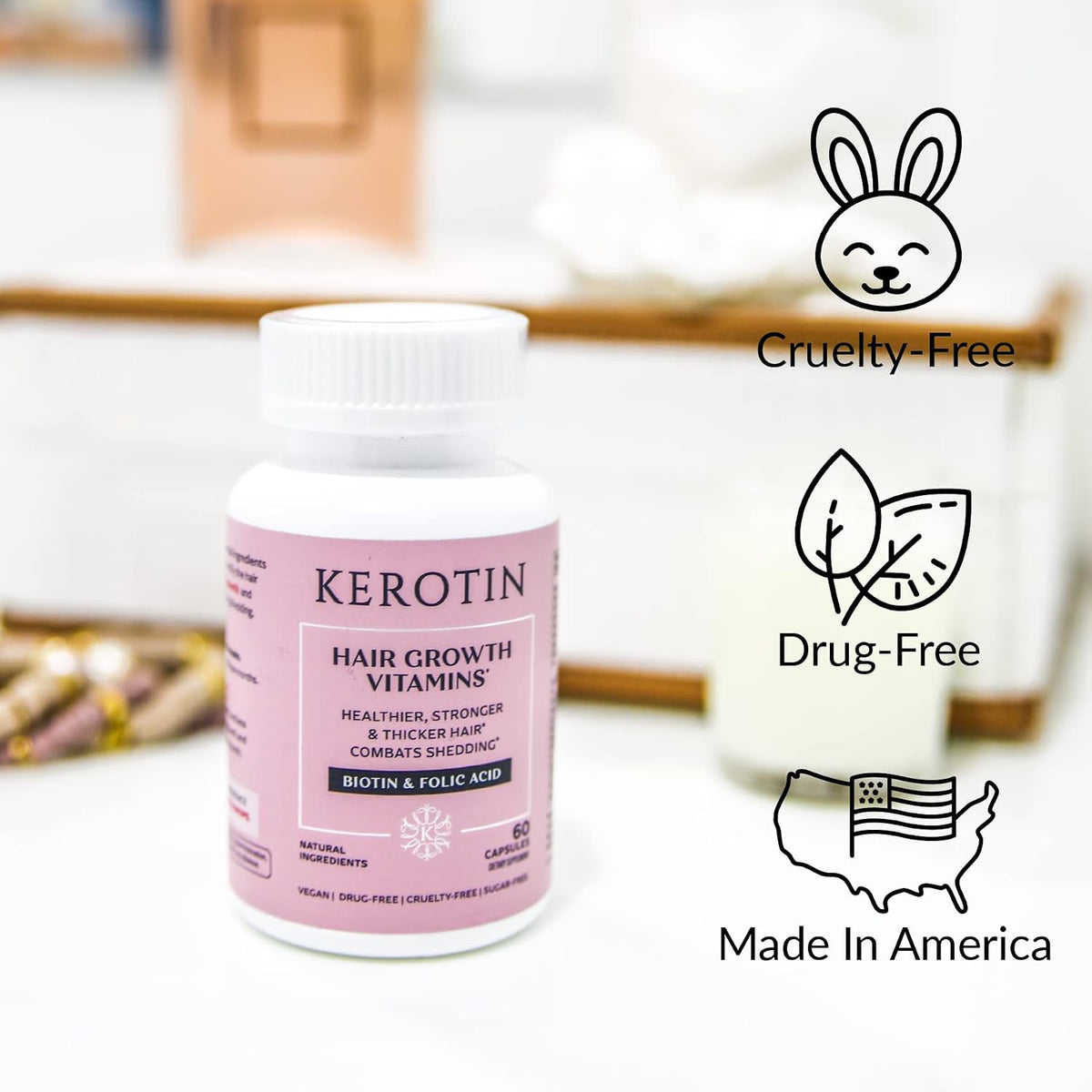 Kerotin Hair Growth Vitamins - Biotin Supplement, DHT Blocker, Collagen Stimulator for Hair Loss Support (60 Capsules) - görsel 4