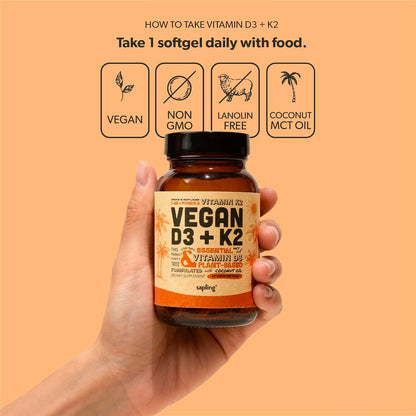 sapling Vegan Vitamin D3 + K2 Food Supplement – 4000 IU Vitamin D, 100mcg Vitamin K2 (MK-7) with MCT Oil – 60 Softgels
