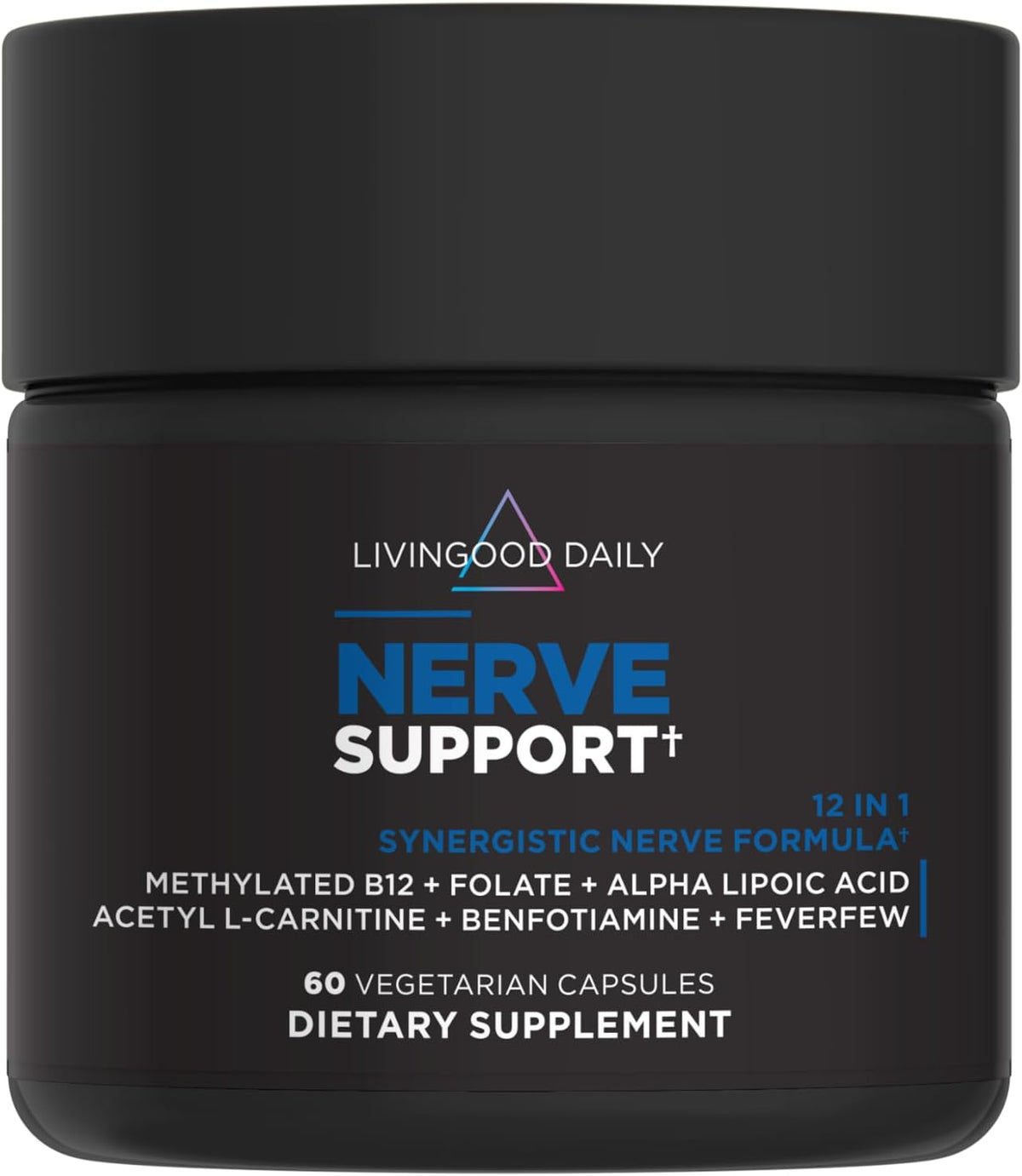 Livingood Daily Nerve Support Supplement - 12-in-1 Nerve Health Formula with Methylated B12, Folate, Benfotiamine, ALA & Feverfew - 60 Capsules - görsel 1