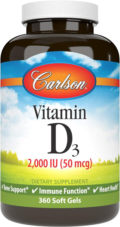 Carlson Vitamin D3, 2000 IU (50 mcg), for Bone and Muscle Health, Cholecalciferol, Vitamin D Supplement, Vitamin D3 Softgels, 360 Softgels
