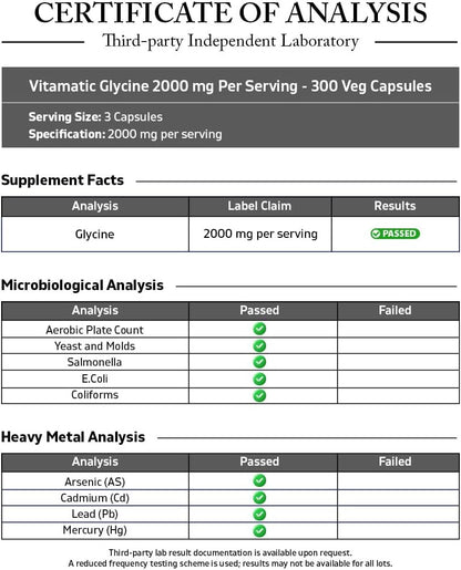 Vitamatic Glycine Supplements, 2000mg per Serving, 300 Capsules, Non-GM, Gluten-free