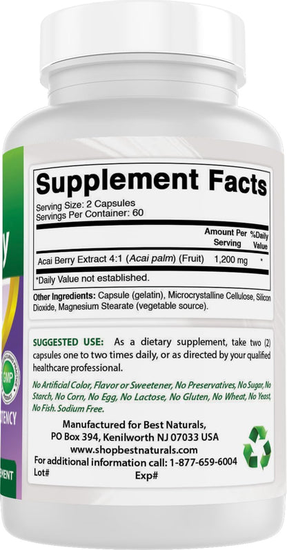Best Naturals Acai Berry 600mg – 120 Capsules – Pure High Potency Supplement